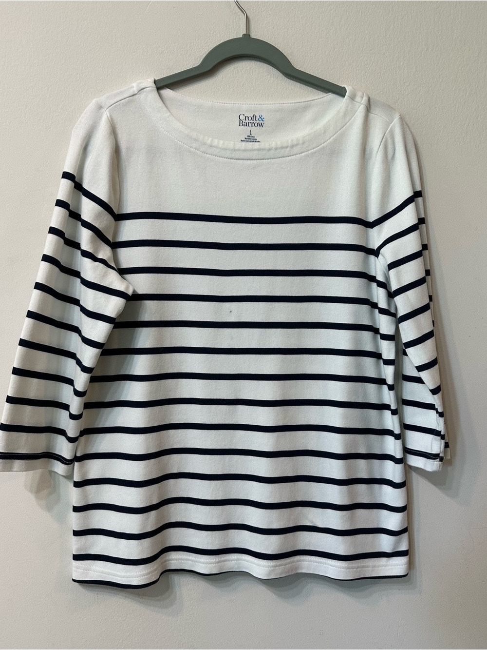 Croft & Barrow White and Navy Striped Crewneck Top